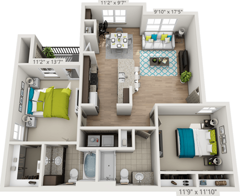 Floor plan for 2 beds, 2 baths, 1024 sqft